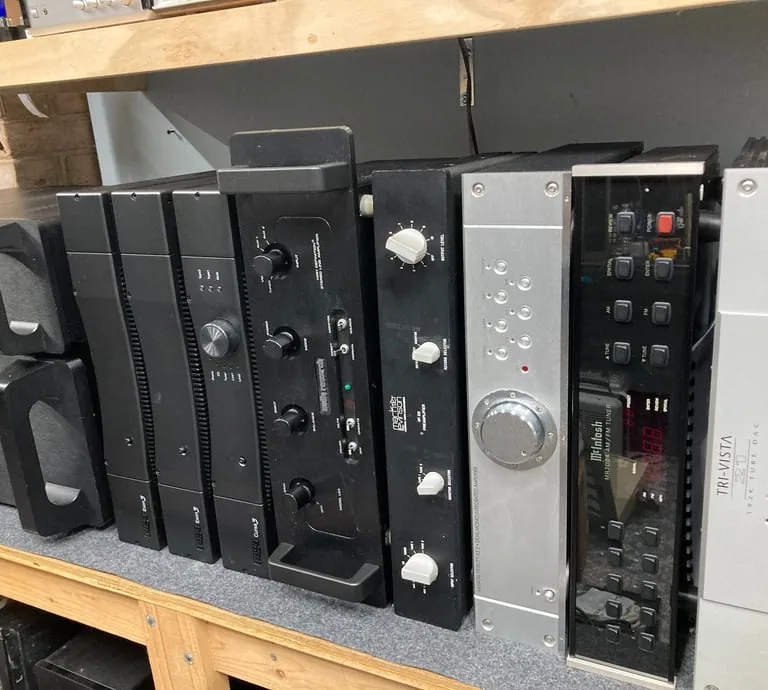 Workshop bench with high-end audio equipment